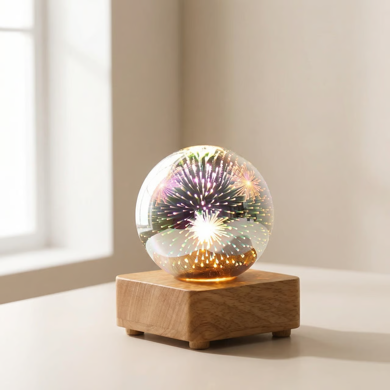 Decorative glass ball with colorful light effects on a wooden base in a bright room.
