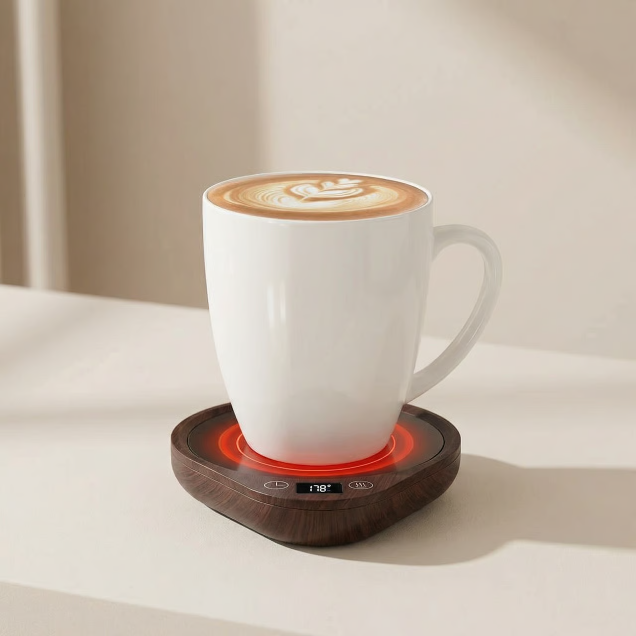 White mug with a cappuccino on a wooden coaster with digital display, set against a neutral background.