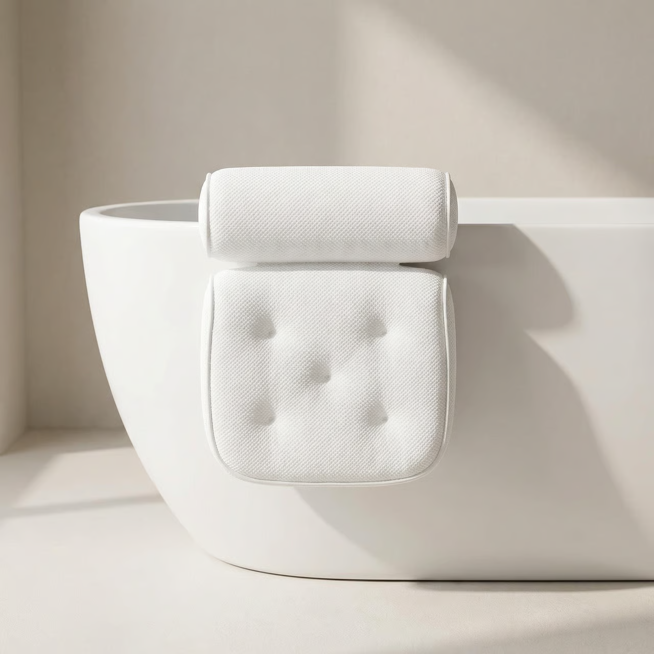 White bath pillow and cover on a white bathtub against a beige wall