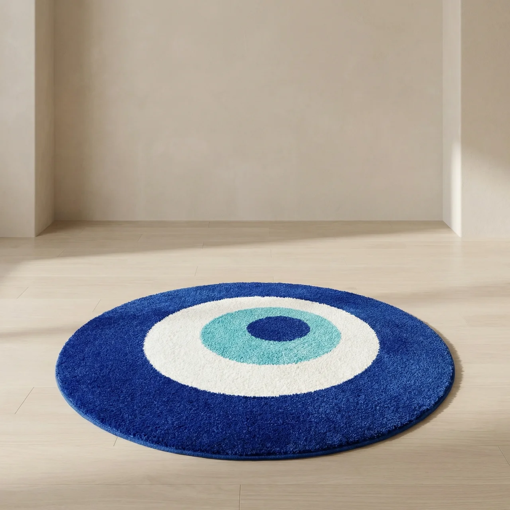 Round blue rug with a white center and blue circle on a wooden floor.