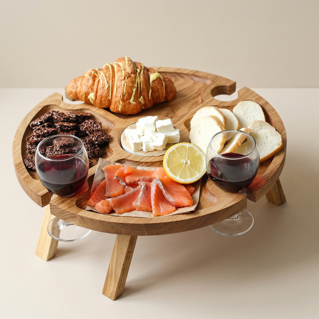 Wooden charcuterie board with croissant, cheese, cured meats, and glasses of red wine on a beige background.