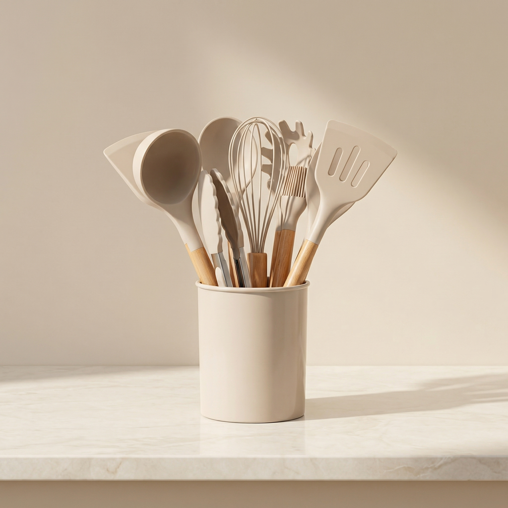 Set of kitchen utensils in a beige container on a light surface with a neutral background