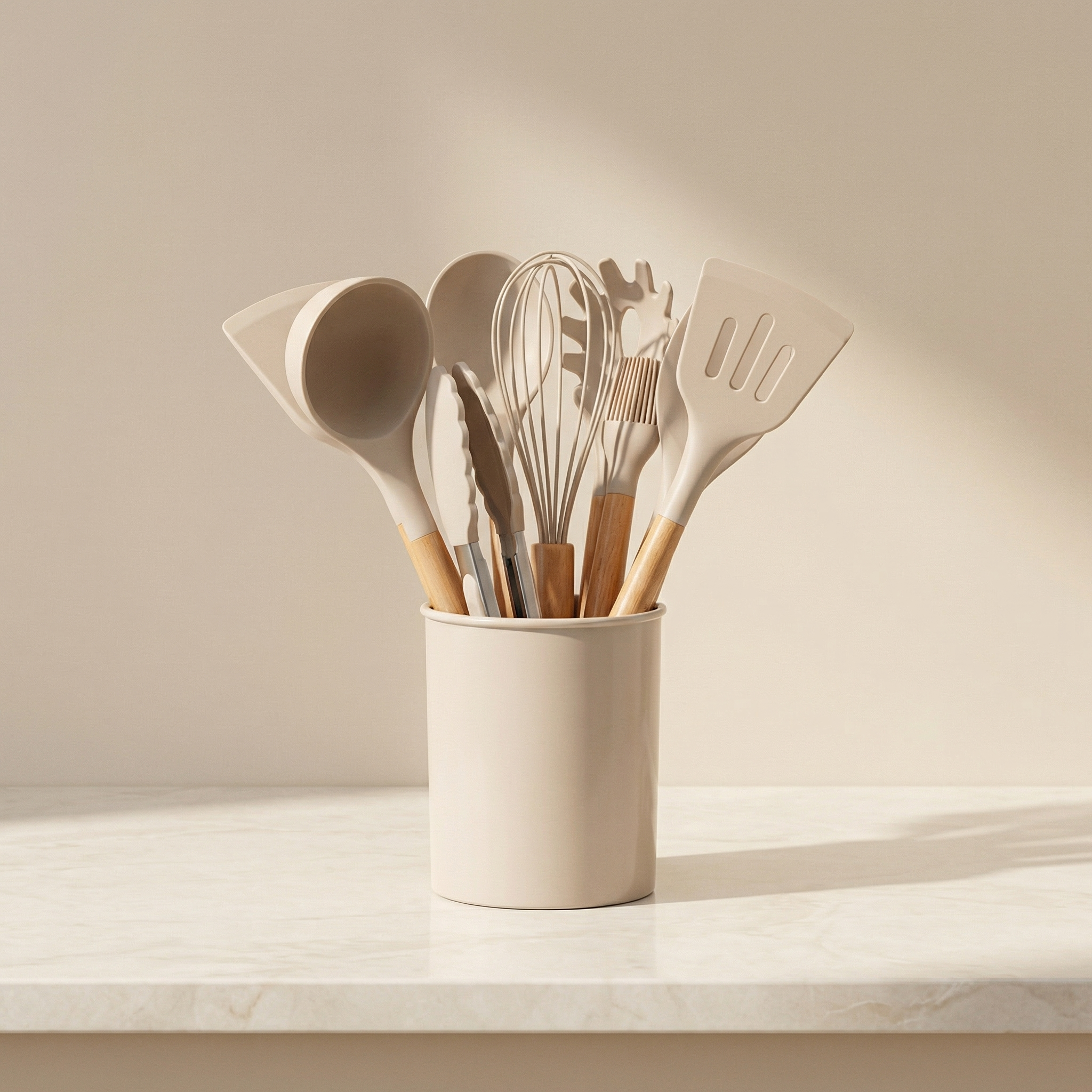 Set of kitchen utensils in a beige container on a light surface with a neutral background