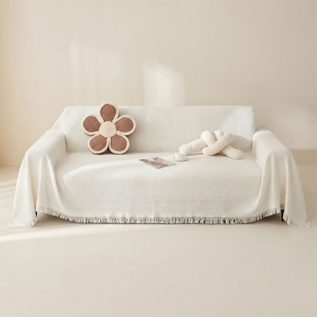 White sofa with a blanket and decorative pillow in a minimalistic room.