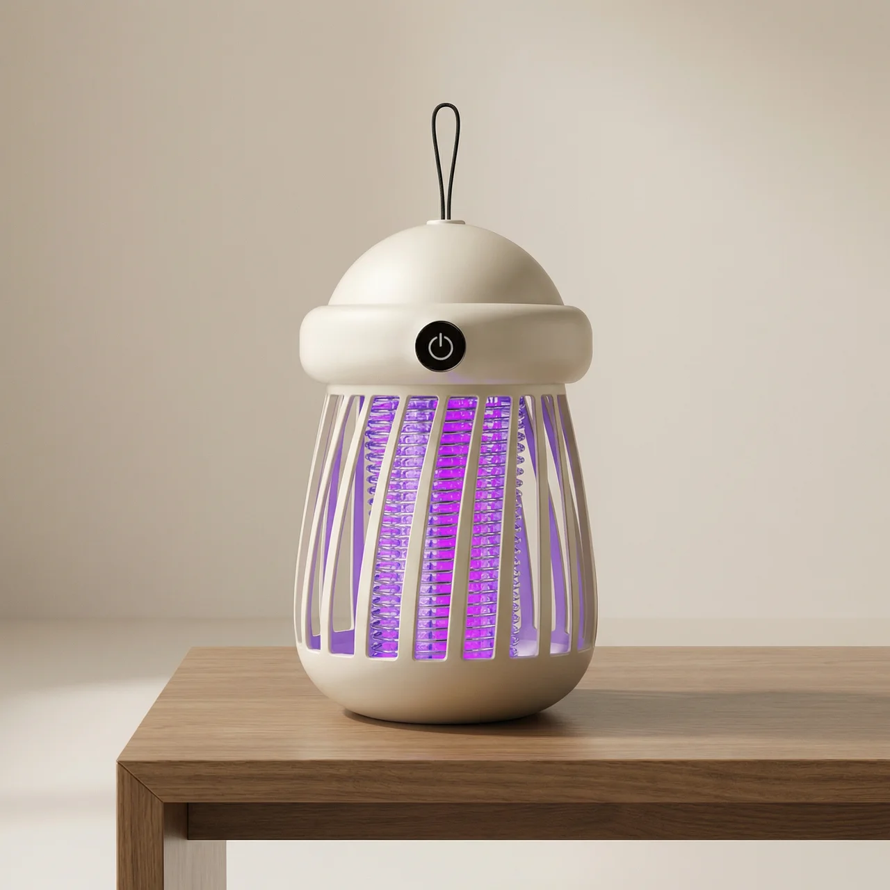 Insect zapper on a wooden table with a neutral background