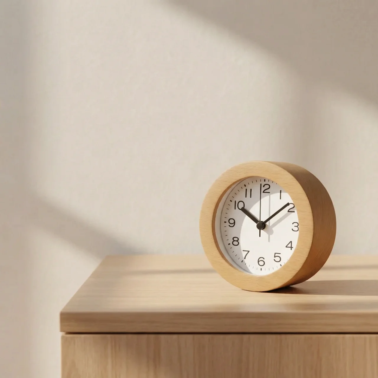 Wooden clock on a wooden surface with a neutral background