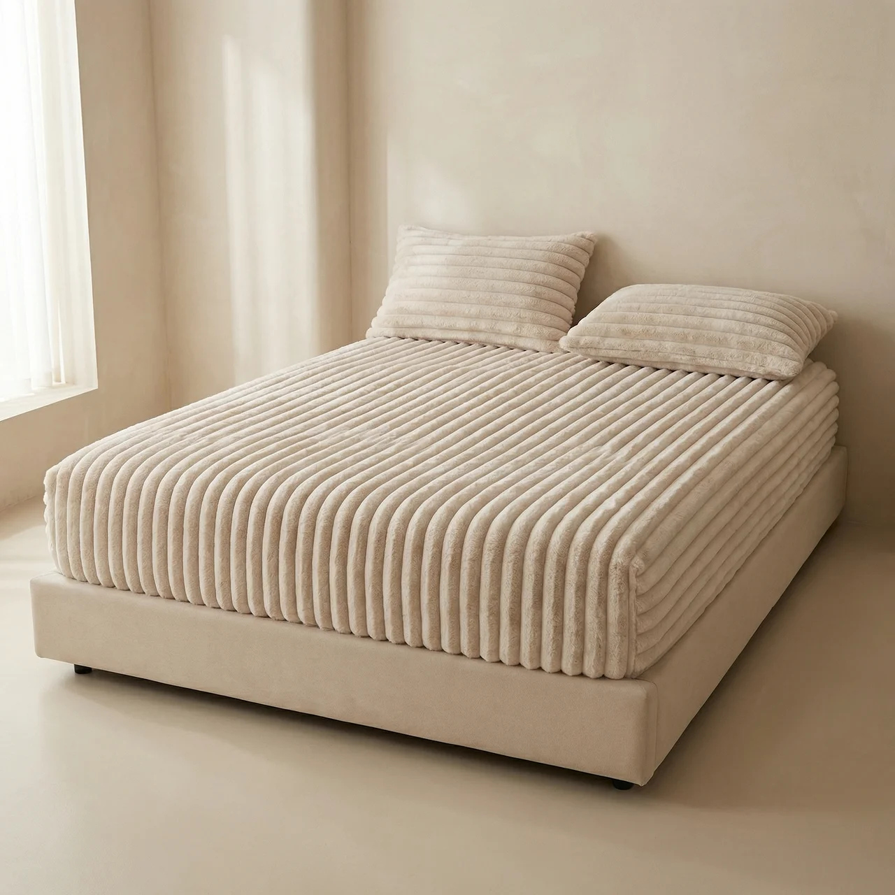 Beige bed with ribbed texture in a minimalistic room