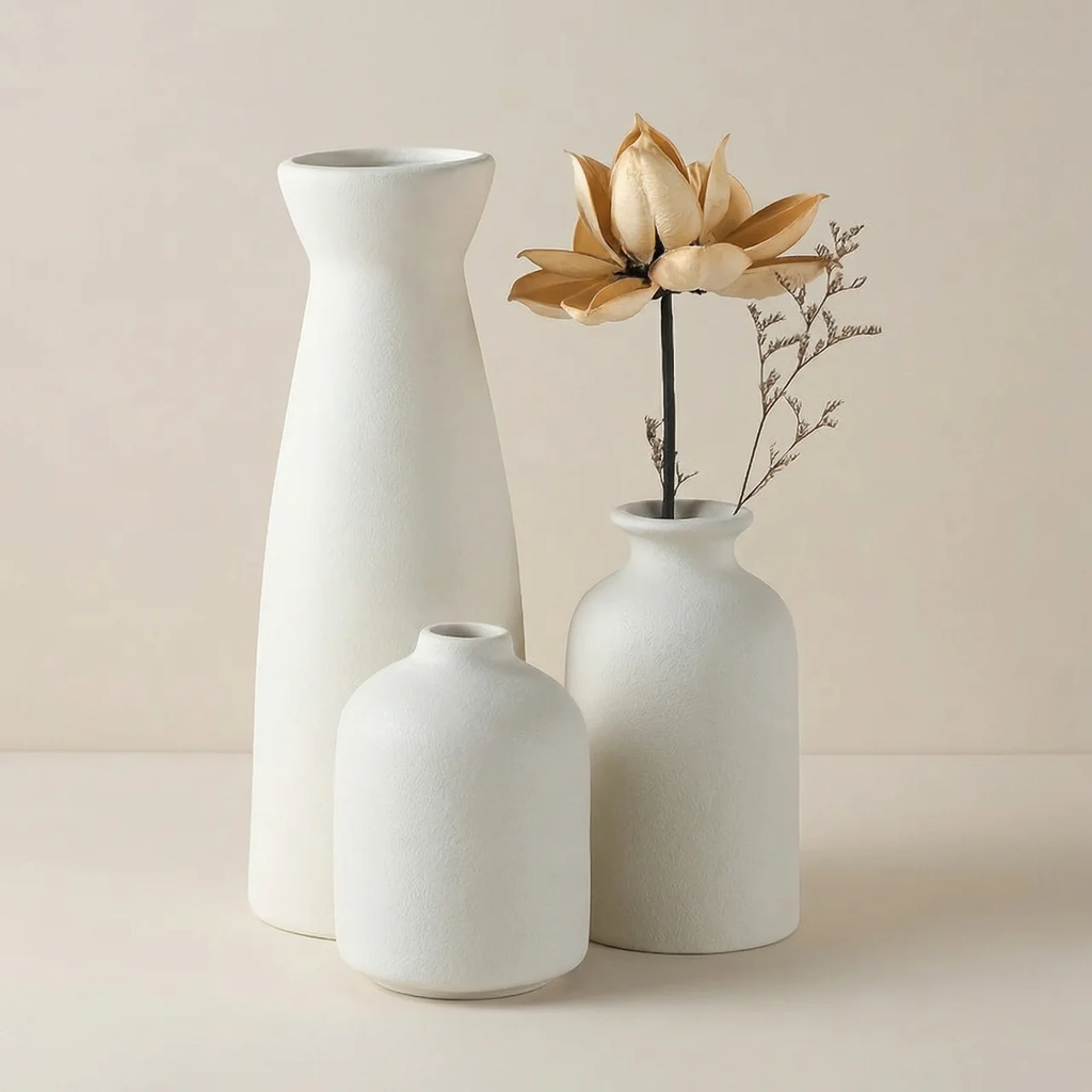 Three white vases of different shapes on a beige background