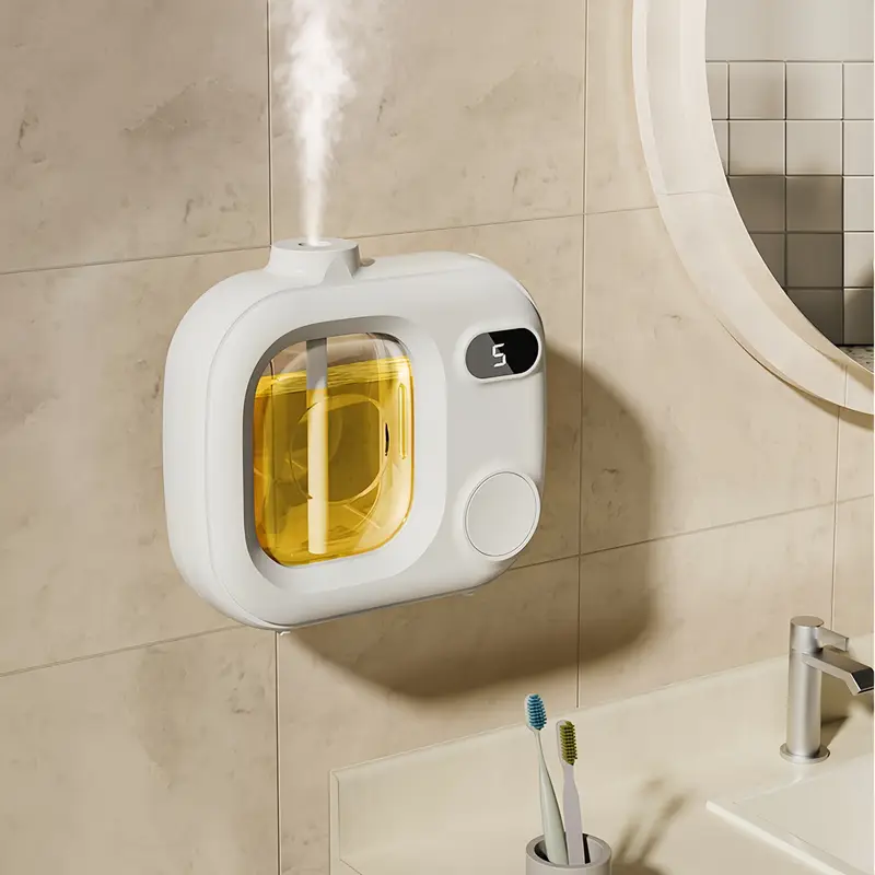 Wall-mounted humidifier with a digital display in a bathroom setting