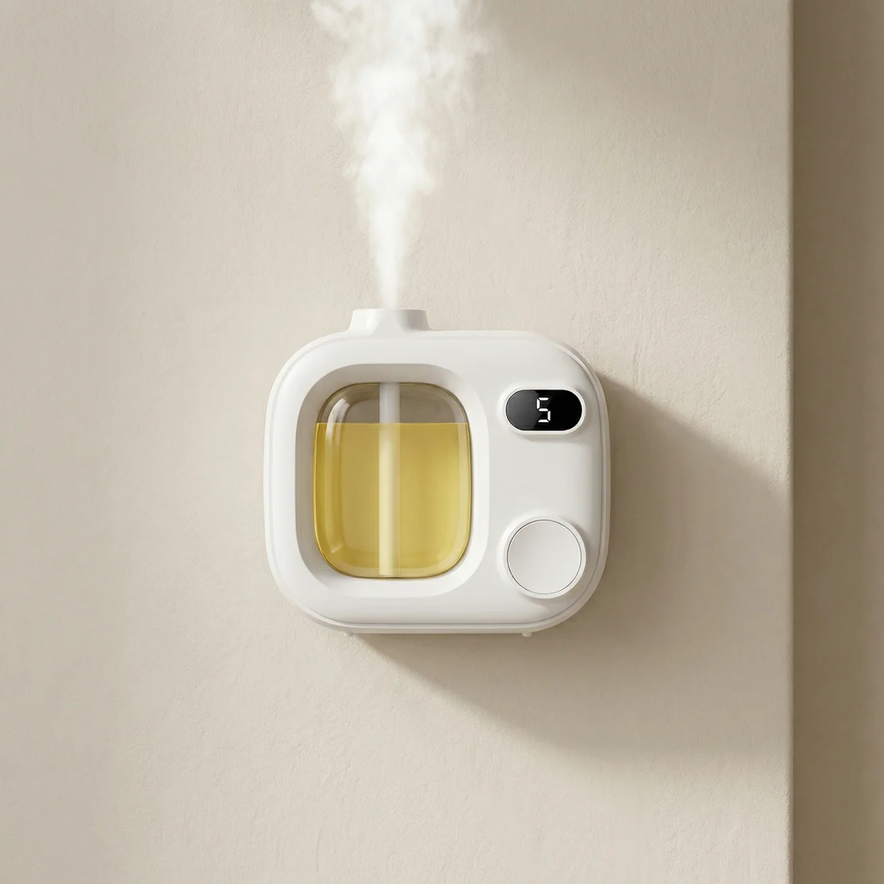 White electronic device with a digital display on a beige wall