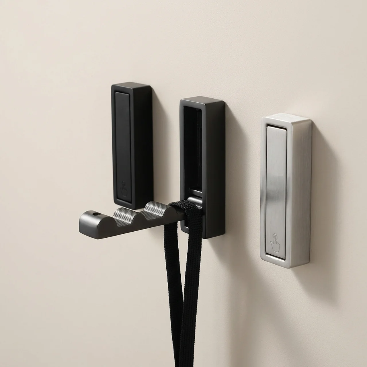 Black wall-mounted coat rack with a silver door handle on a beige wall.