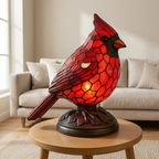 Red stained glass bird lamp on a wooden table in a living room setting