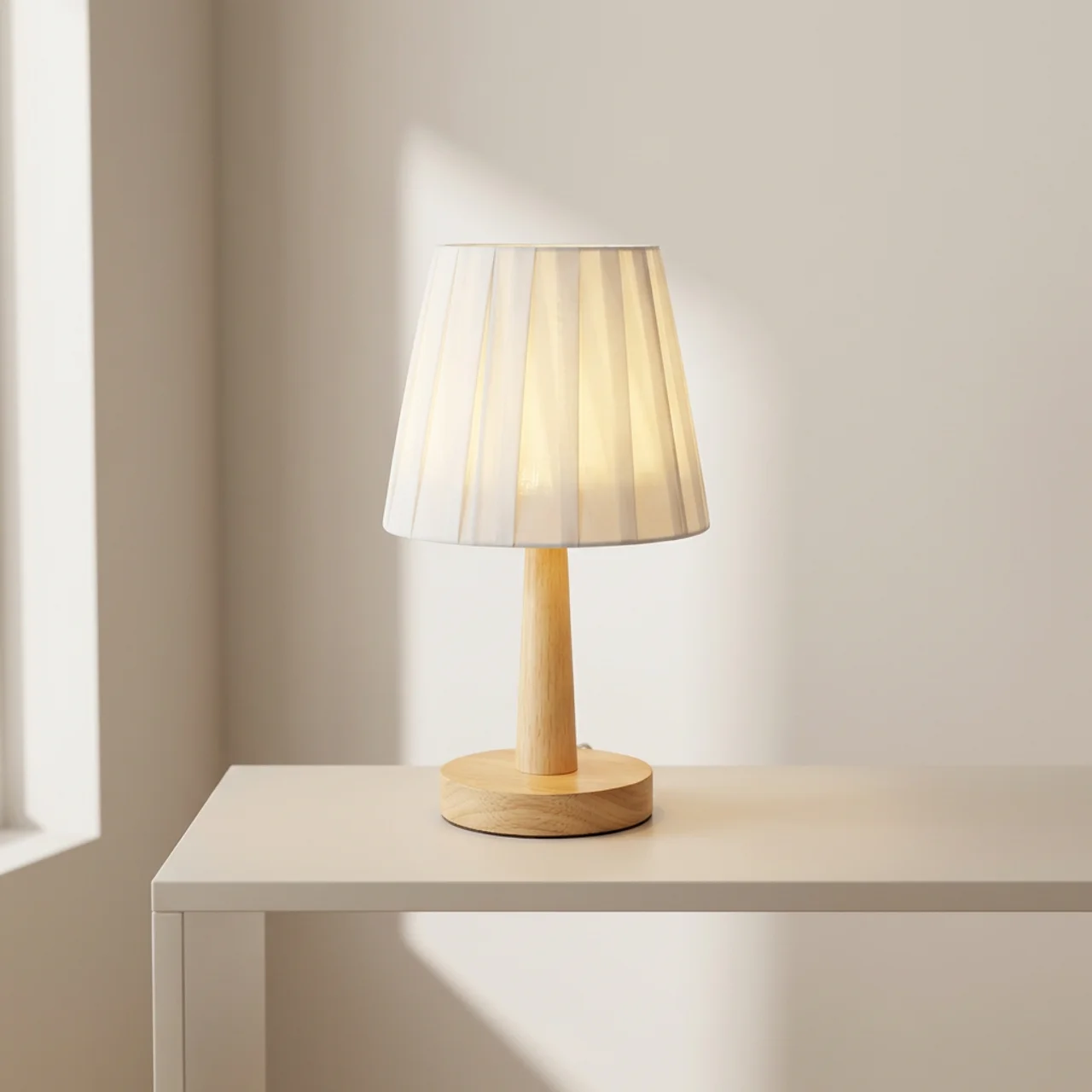Table lamp with wooden base and white fabric shade on a white surface.