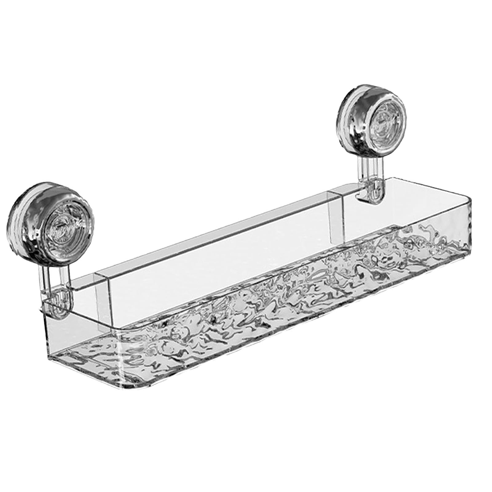 Clear glass shelf with decorative base and chrome fixtures on a white background