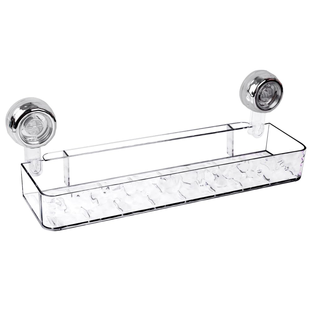 Clear shower caddy with chrome brackets on a white background