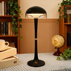 Black floor lamp in a room with books, a cup, and a globe.