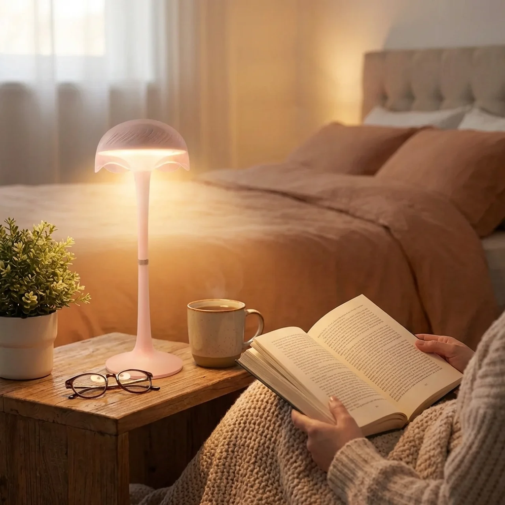 Person reading a book in a cozy bedroom with a lit lamp and mug on a nightstand.