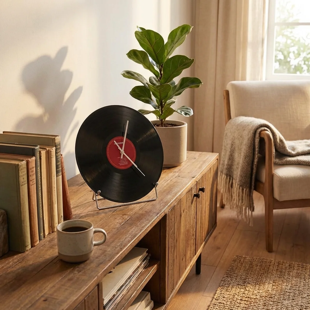 Wooden side table with vinyl record clock, books, and a plant in a cozy living room.