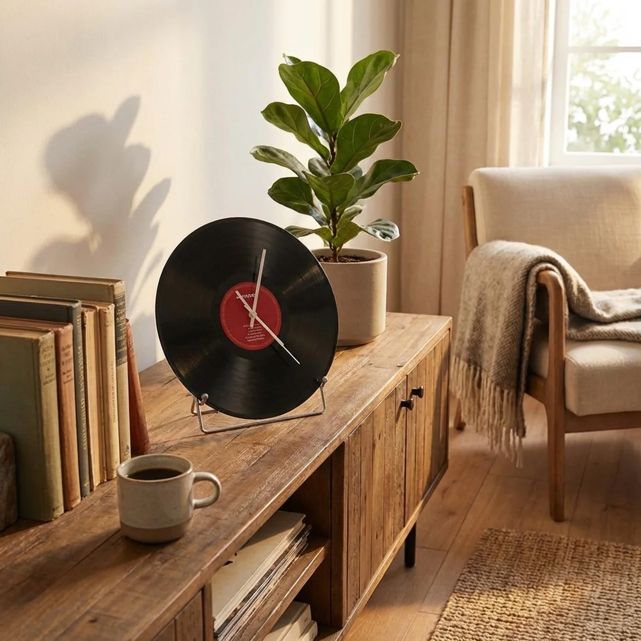 Wooden side table with vinyl record clock, books, and a plant in a cozy living room.