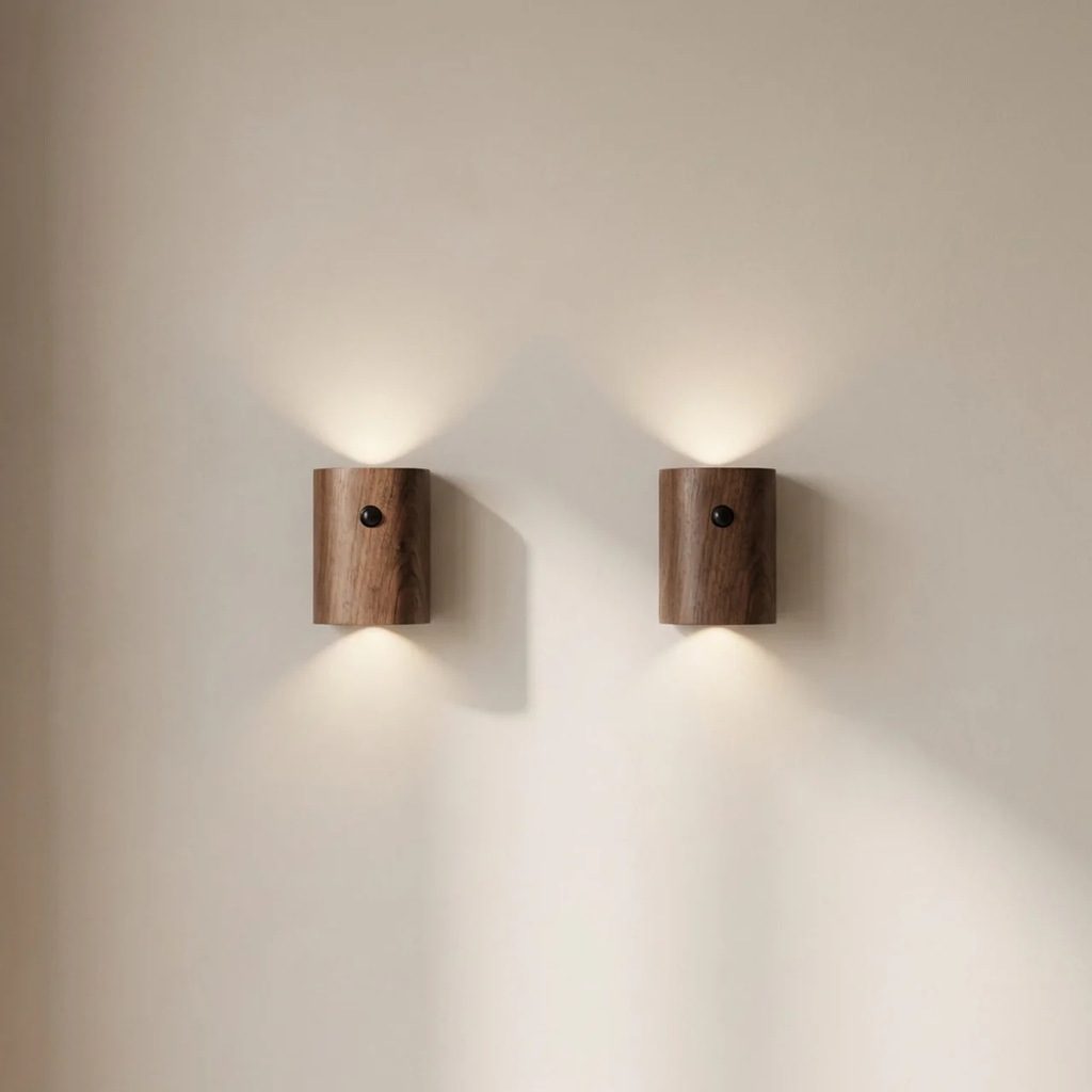 Two wooden wall lights on a beige wall
