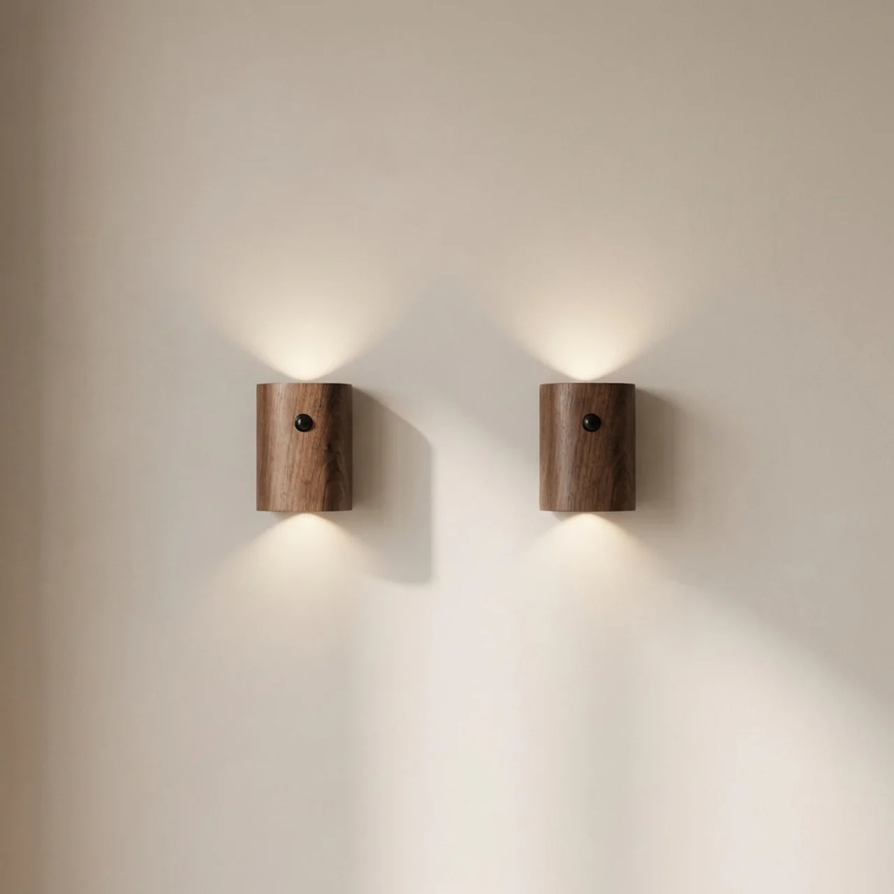 Two wooden wall lights on a beige wall