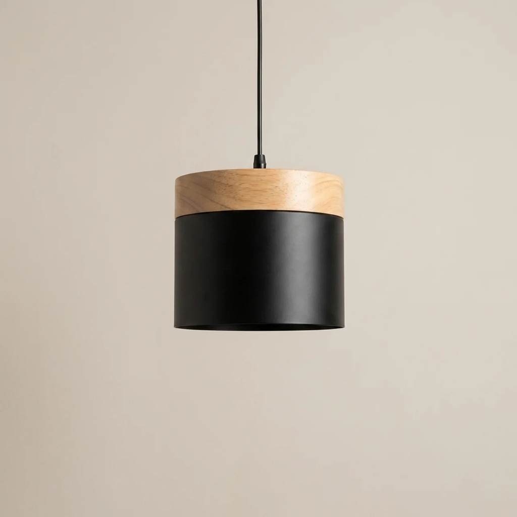 Pendant light with black and wooden design on a beige background