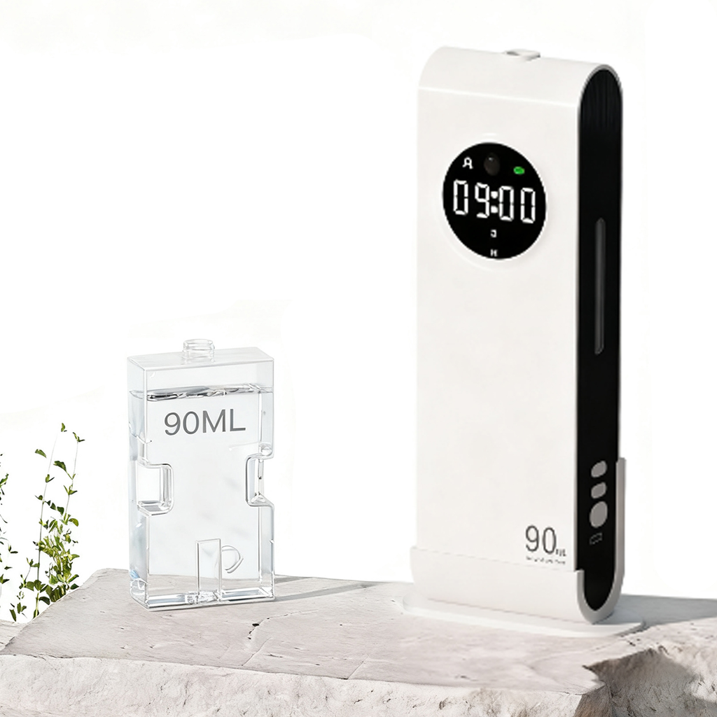 White electronic device with digital display and clear container labeled '90ML' on a white background