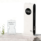 White electronic device with digital display and clear container labeled '90ML' on a white background