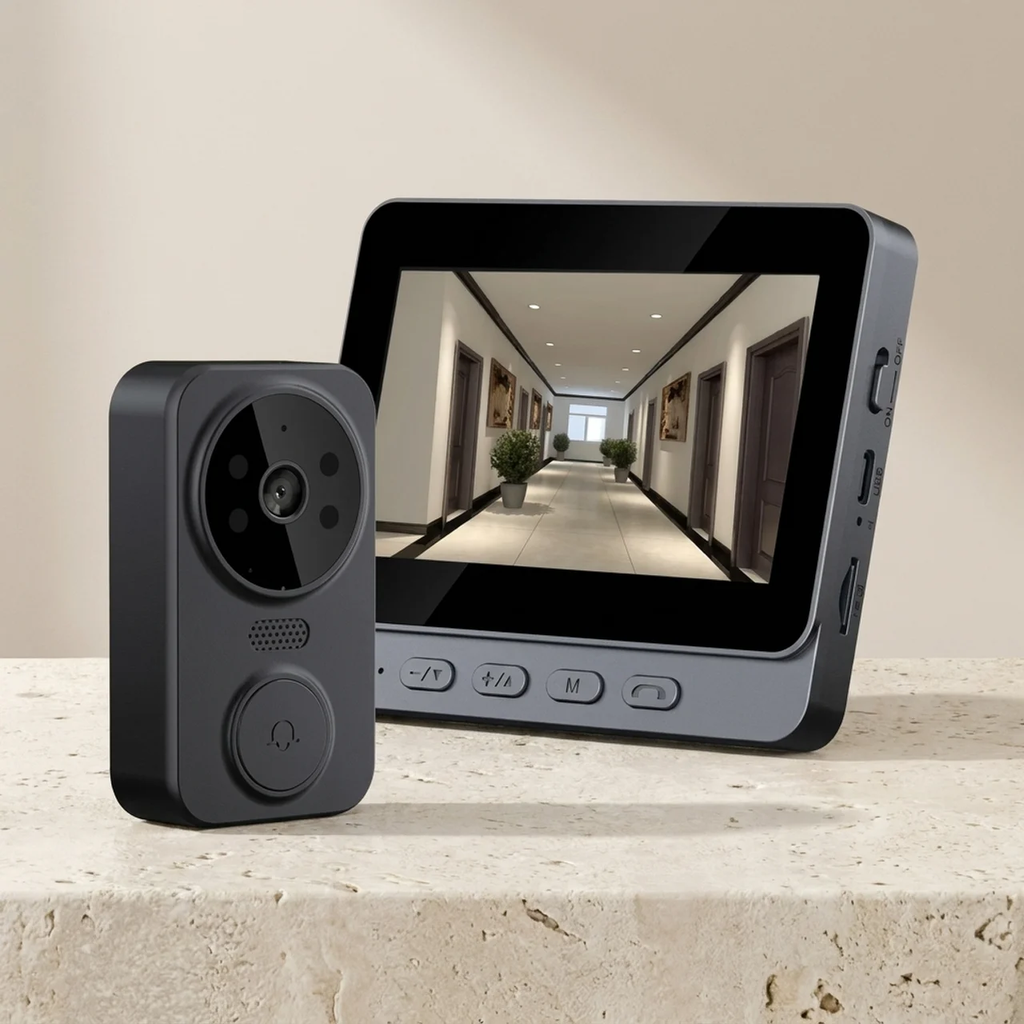 Smart doorbell camera system with a display showing a hallway.