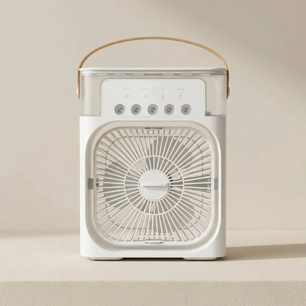 Portable fan with a beige handle on a light beige background