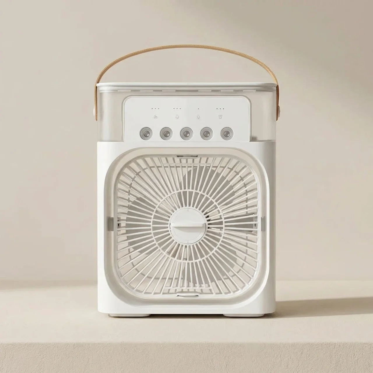 Portable fan with a beige handle on a light beige background