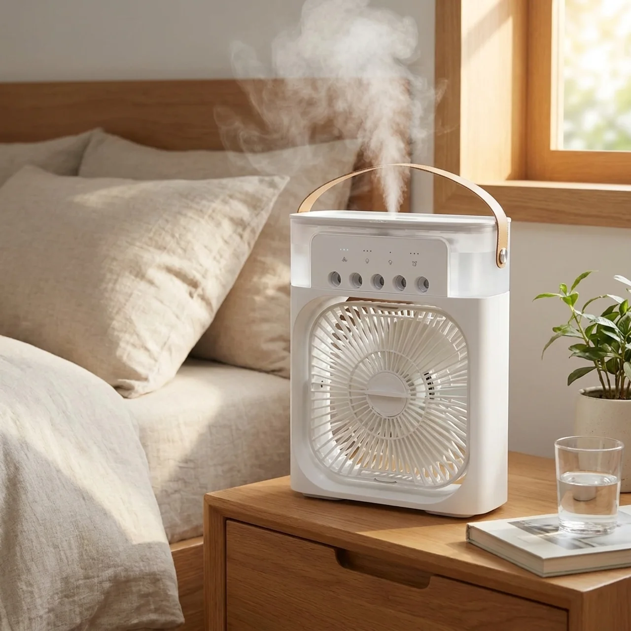 White portable fan on a wooden nightstand with steam rising, near a bed and window.