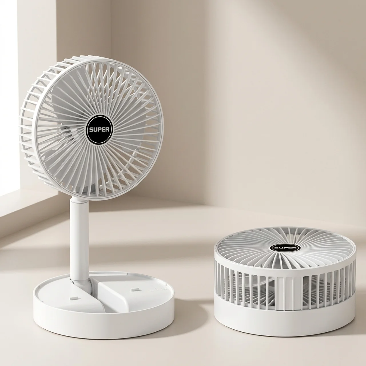 Two white fans with 'SUPER' branding on a beige background