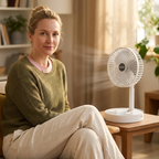 Woman sitting on a couch next to a white fan in a cozy living room.