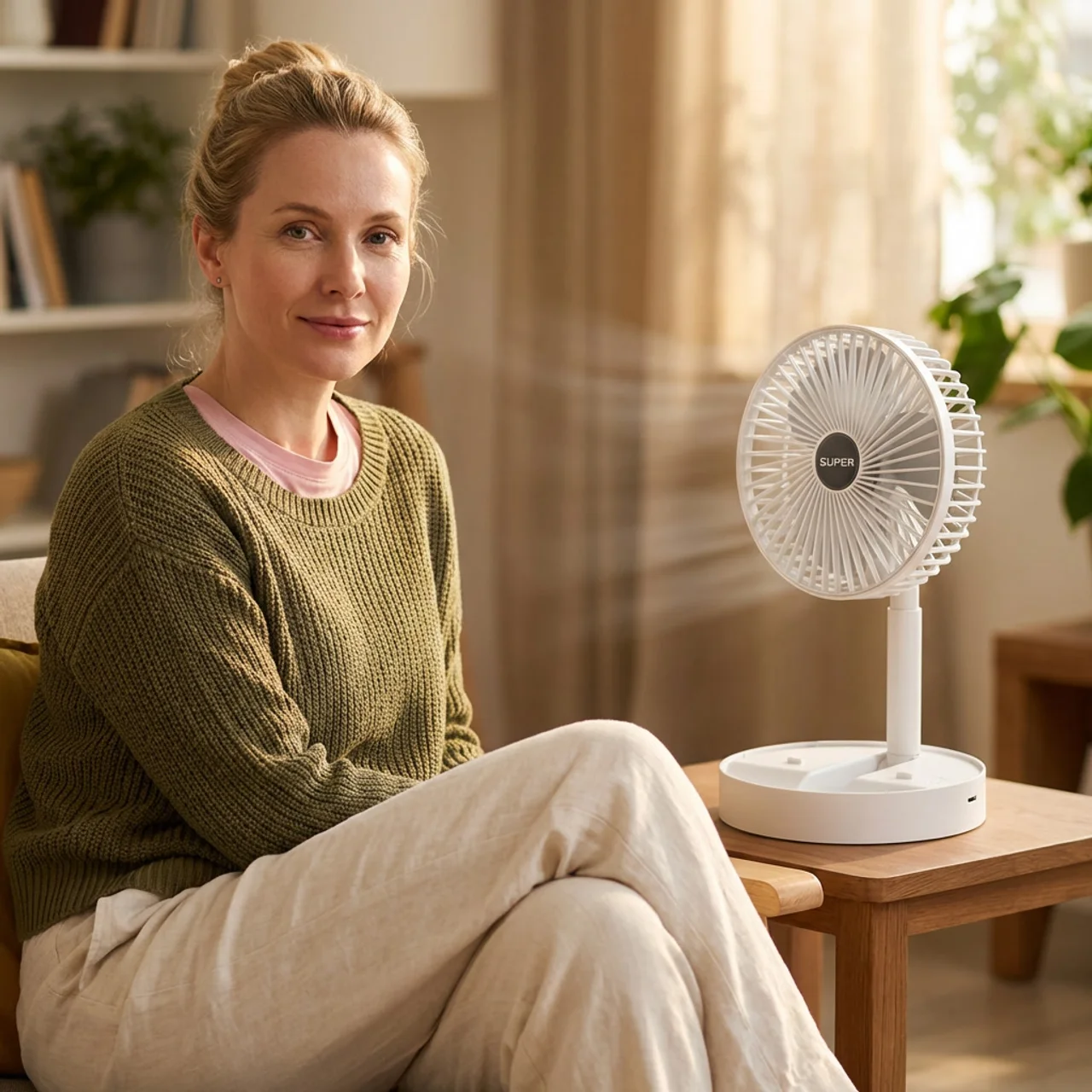 Woman sitting on a couch next to a white fan in a cozy living room.