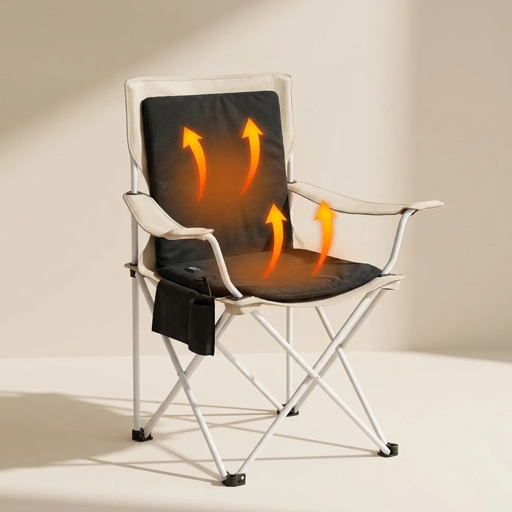 Foldable chair with heated seat and backrest on a neutral background