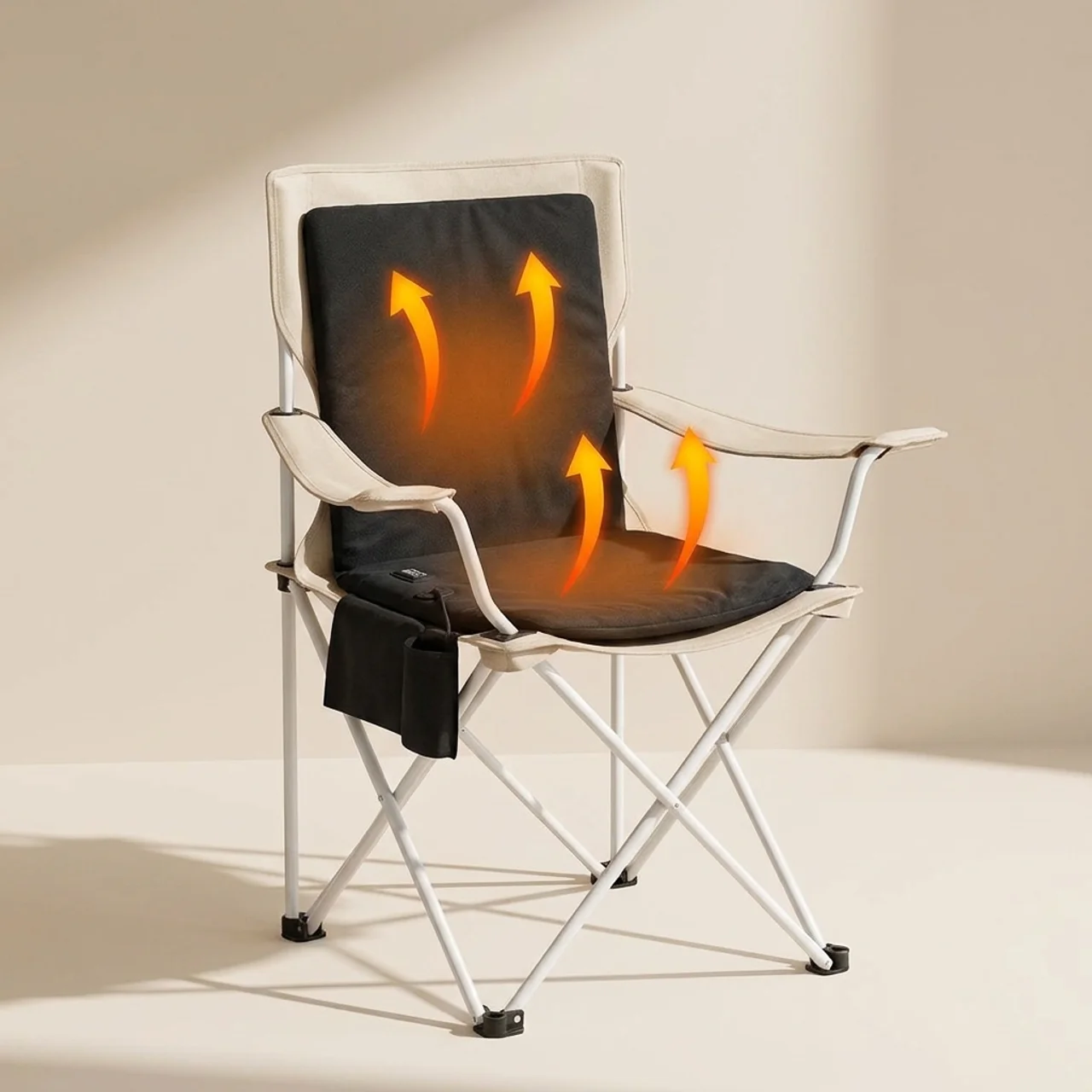 Foldable chair with heated seat and backrest on a neutral background