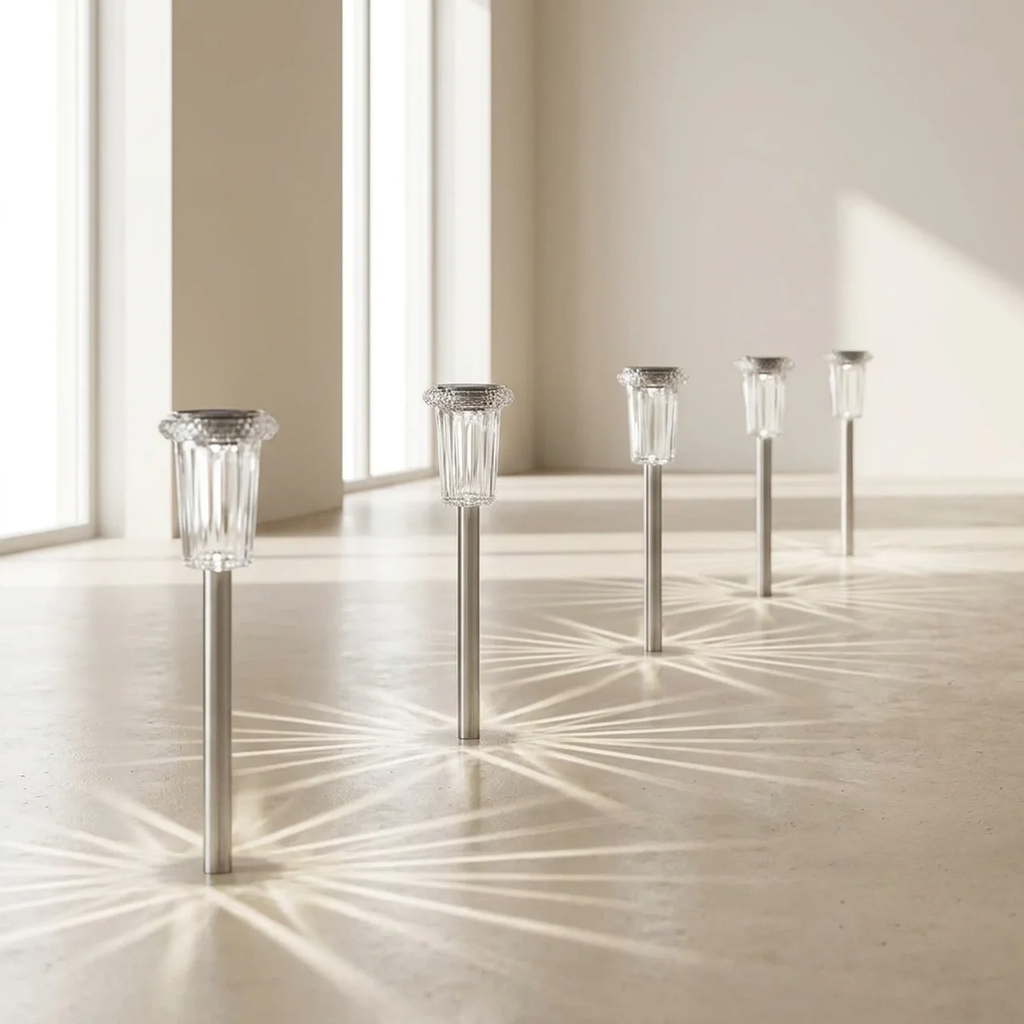 Set of five modern outdoor lamps on a light-colored floor with a neutral wall background