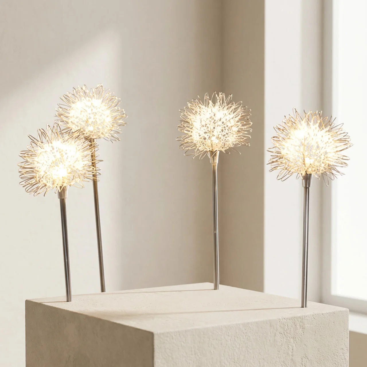 Three decorative floor lamps with unique designs on a white platform against a neutral background.
