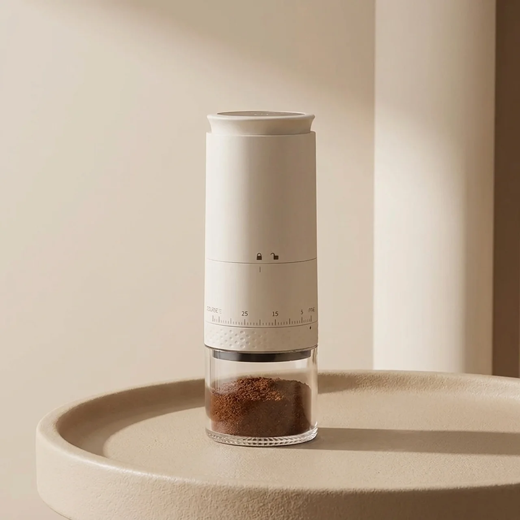 Manual coffee grinder with ground coffee on a beige surface
