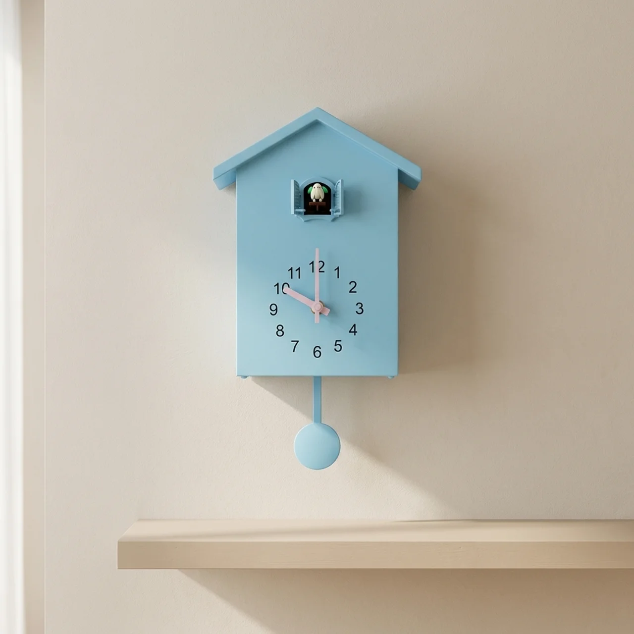 Light blue cuckoo clock on a beige wall