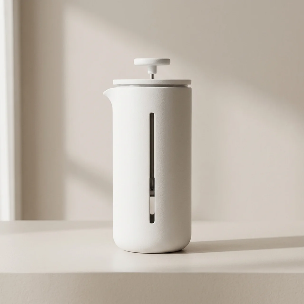White ceramic coffee press on a beige background