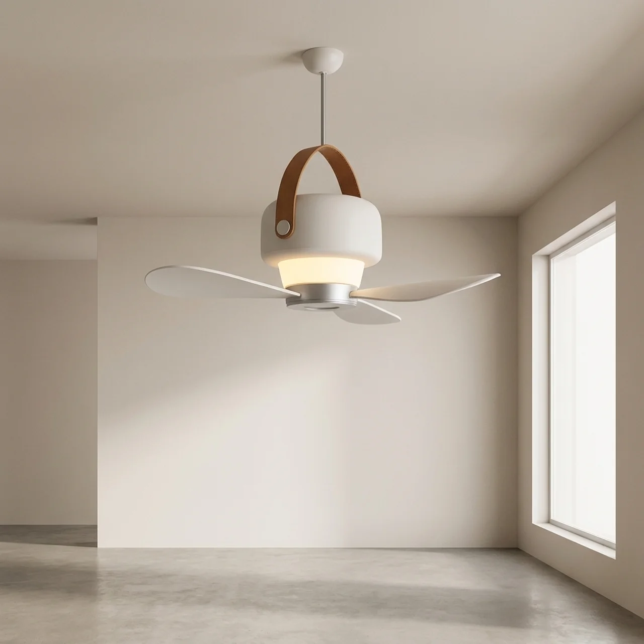 Ceiling fan with light fixture in a room with a window