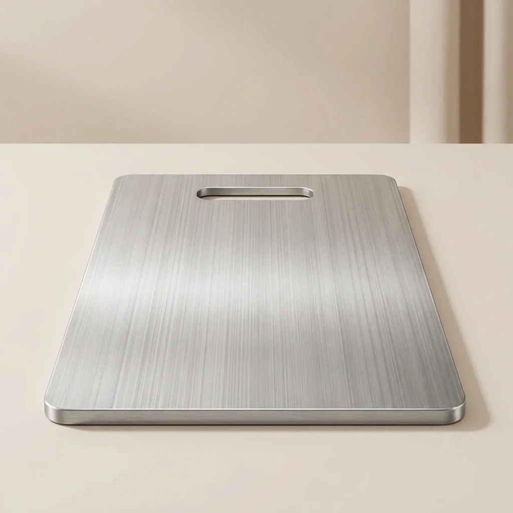 Stainless steel cutting board on a light beige surface