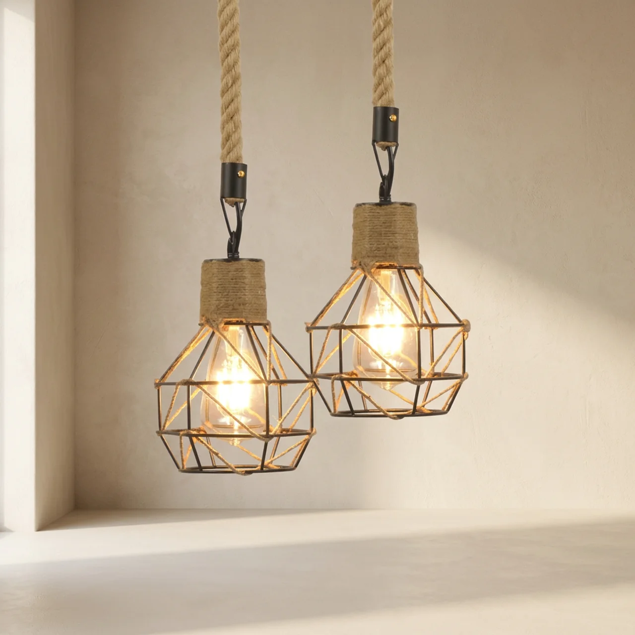 Two rustic pendant lights with geometric wire cages hanging against a neutral background.