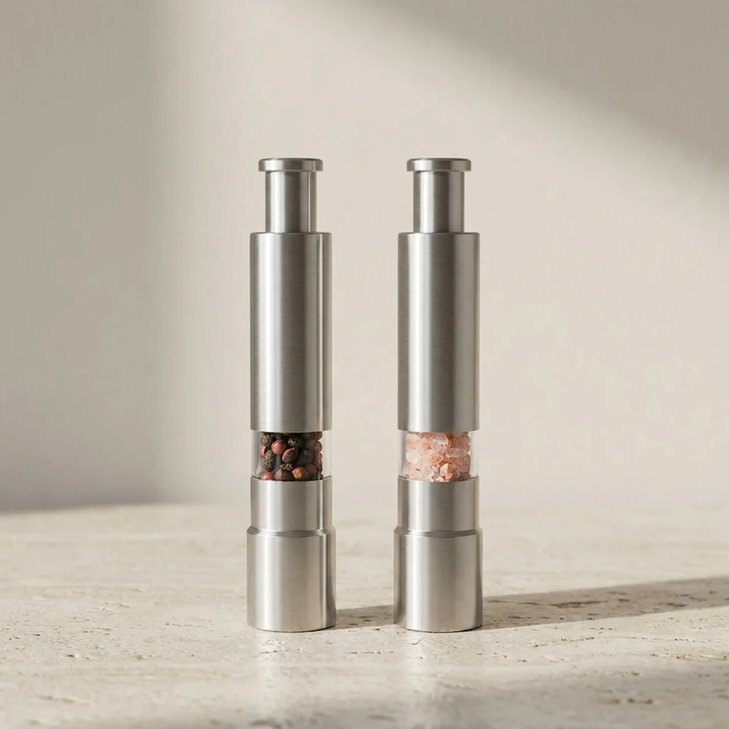 Two silver salt and pepper shakers on a marble surface with a neutral background