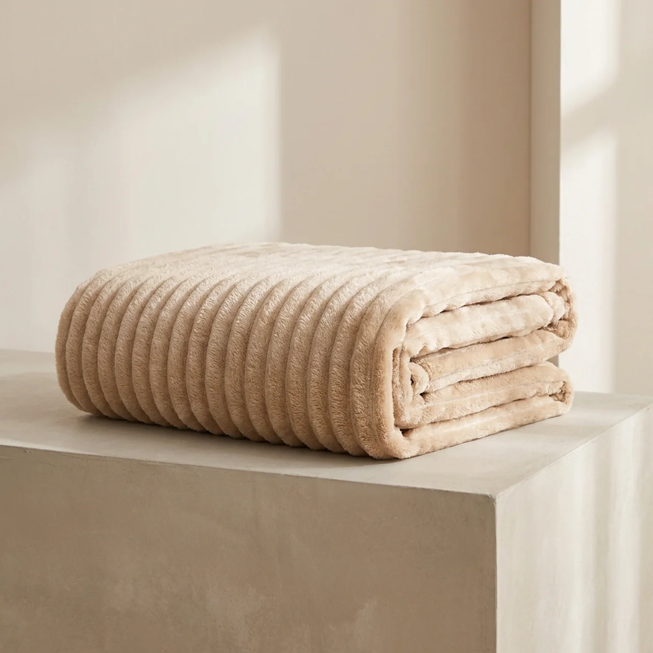 Folded beige blanket on a white surface with a neutral background