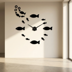 Black fish-shaped clock on a beige wall