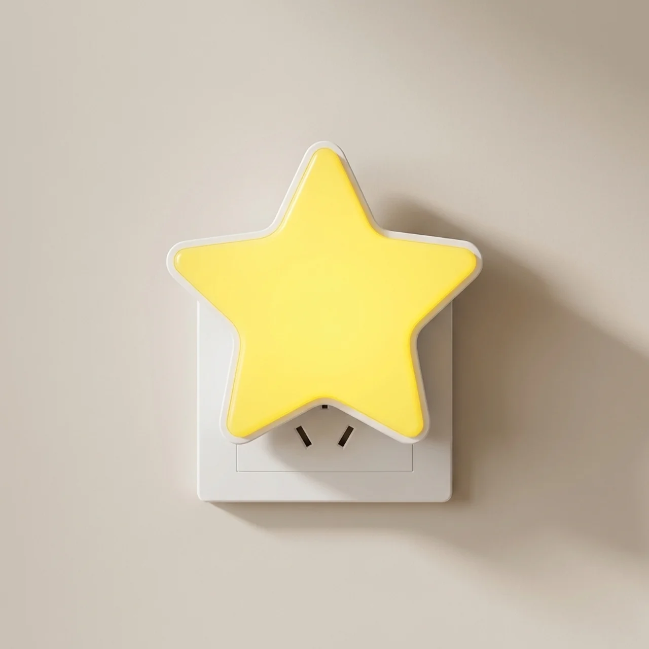 Star-shaped night light attached to a wall socket on a beige background
