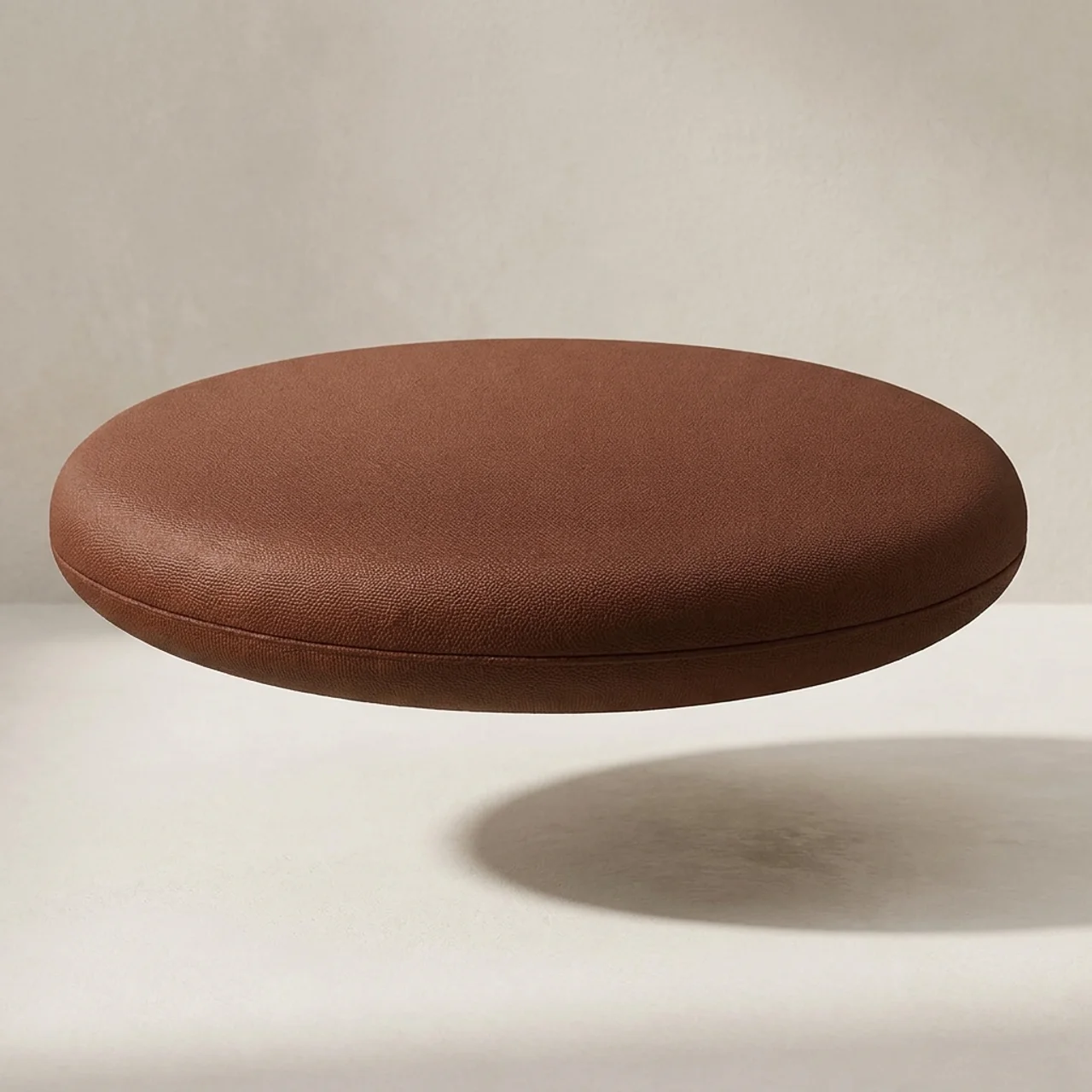 Brown circular cushion on a neutral background